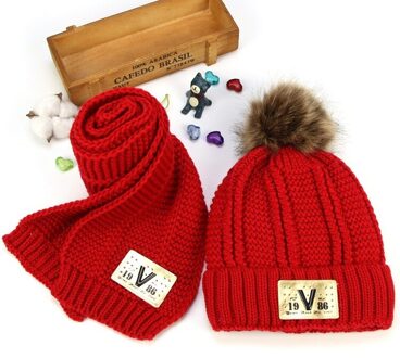 Hairball mutsen sets fluwelen wol kids Gebreide bont hoeden winter 2 stks jongens meisje sjaal hoed set Leeftijd voor 4 -15 jaar oude kind Rood