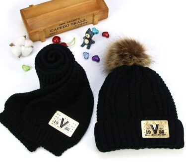 Hairball mutsen sets fluwelen wol kids Gebreide bont hoeden winter 2 stks jongens meisje sjaal hoed set Leeftijd voor 4 -15 jaar oude kind zwart