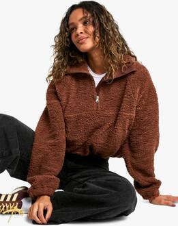 Half Zip Zijzak Oversized Borg Sweatshirt, Chocolate