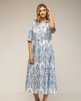 Halflange jurk met ruches en print Blauw