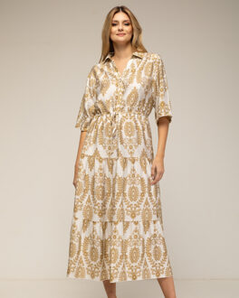 Halflange jurk met ruches en print Bruin