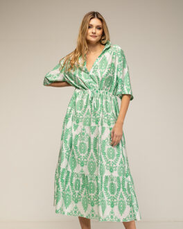 Halflange jurk met ruches en print Groen