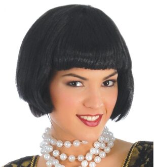 Halflange zwarte damespruik - verkleedpruik - Roaring Twenties thema