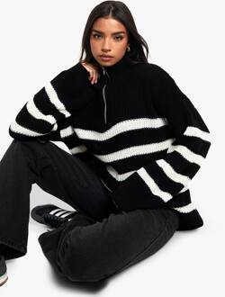 Halfzip Gestreepte Trui, Black - S