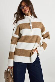 Halfzip Zachte Gebreide Gestreepte Trui, Taupe - S
