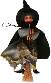 Halloween decoratie heksen pop op bezem - 20 cm - zwart/grijs