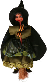 Halloween decoratie heksen pop op bezem - 20 cm - zwart/groen - Halloween poppen