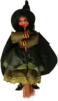 Halloween decoratie heksen pop op bezem - 20 cm - zwart/groen