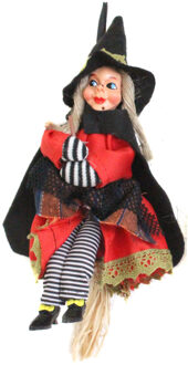 Halloween decoratie heksen pop op bezem - 20 cm - zwart/rood