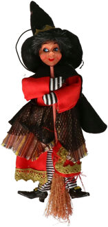 Halloween decoratie heksen pop op bezem - 20 cm - zwart/rood