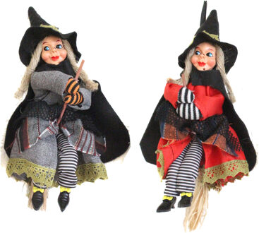 Halloween decoratie heksen pop op bezem - 2x - 20 cm - grijs/rood
