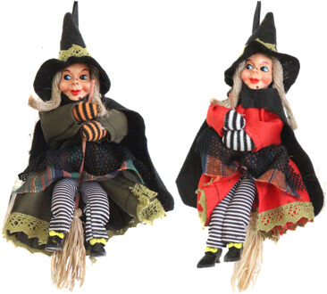 Halloween decoratie heksen pop op bezem - 2x - 20 cm - groen/rood