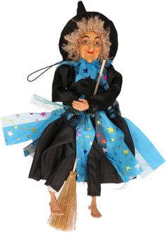 Halloween decoratie heksen pop op bezem - 30 cm - zwart/blauw