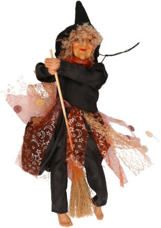 Halloween decoratie heksen pop op bezem - 30 cm - zwart/bruin - Halloween poppen