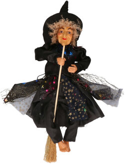 Halloween decoratie heksen pop op bezem - 30 cm - zwart