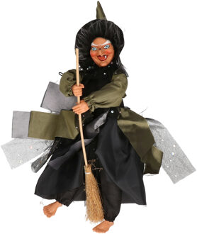 Halloween decoratie heksen pop op bezem - 40 cm - zwart/groen