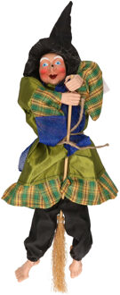 Halloween decoratie heksen pop op bezem - 44 cm - groen