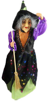 Halloween decoratie heksen pop - staand - 35 cm - zwart/groen