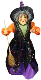Halloween decoratie heksen pop - staand - 35 cm - zwart/paars