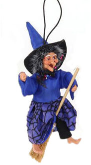 Halloween decoratie heksen pop - vliegend op bezem - 10 cm - zwart/blauw
