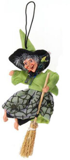 Halloween decoratie heksen pop - vliegend op bezem - 10 cm - zwart/groen