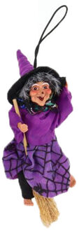 Halloween decoratie heksen pop - vliegend op bezem - 10 cm - zwart/paars