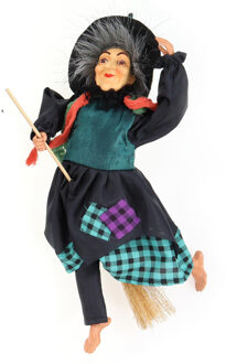 Halloween decoratie heksen pop - vliegend op bezem - 30 cm - zwart/emerald Emerald groen