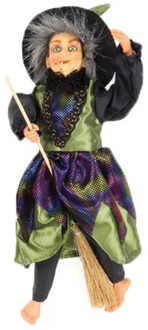 Halloween decoratie heksen pop - vliegend op bezem - 30 cm - zwart/groen