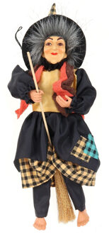 Halloween decoratie heksen pop - vliegend op bezem - 30 cm - zwart/oranje