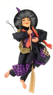 Halloween decoratie heksen pop - vliegend op bezem - 30 cm - zwart/paars