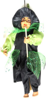 Halloween decoratie heksen pop - vliegend op bezem - 35 cm - zwart/groen