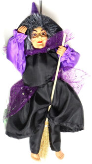 Halloween decoratie heksen pop - vliegend op bezem - 35 cm - zwart/paars