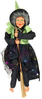 Halloween decoratie heksen pop - vliegend op bezem - 40 cm - zwart/groen