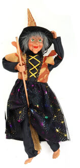 Halloween decoratie heksen pop - vliegend op bezem - 40 cm - zwart/oranje