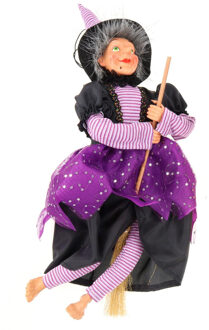 Halloween decoratie heksen pop - vliegend op bezem - 40 cm - zwart/paars
