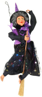 Halloween decoratie heksen pop - vliegend op bezem - 40 cm - zwart/paars