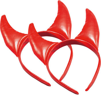 Halloween diadeem - 2x - duivel hoorntjes - rood - vinyl - tiara/haarband