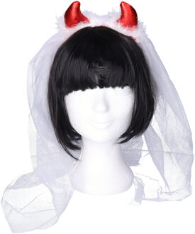 Halloween diadeem - duivel hoorntjes - met sluier - rood - glitter - one size - dames/meisjes