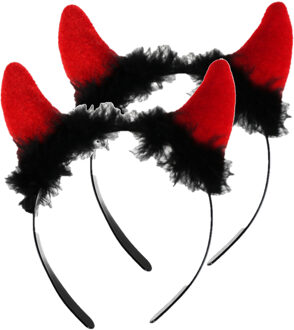 Halloween duivel hoorntjes - 2x - diadeem - rood - met pluche - themafeesten