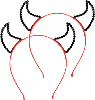 Halloween duivel hoorntjes - 2x - strass glitter - diadeem - rood - kunststof