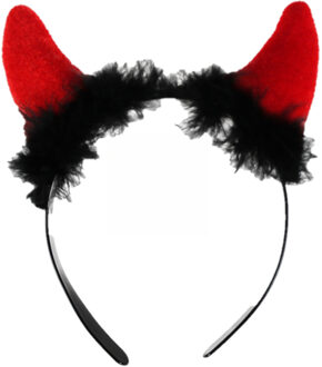 Halloween duivel hoorntjes - diadeem - rood - met pluche - themafeesten