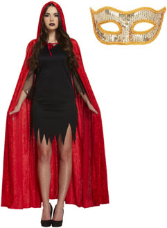 Halloween gemaskerd bal verkleedset - Oogmasker goud - Lange cape met capuchon rood - volwassenen - One size