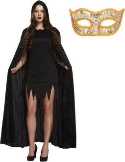 Halloween gemaskerd bal verkleedset - Oogmasker goud - Lange cape met capuchon zwart - volwassenen One size