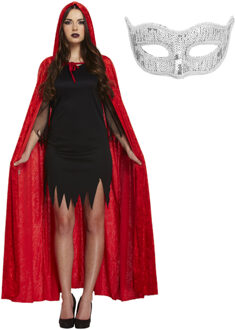 Halloween gemaskerd bal verkleedset - Oogmasker zilver - Lange cape met capuchon rood - volwassenen - One size
