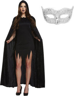 Halloween gemaskerd bal verkleedset - Oogmasker zilver - Lange cape met capuchon zwart - volwassenen - One size