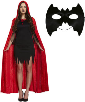 Halloween gemaskerd bal verkleedset - Oogmasker zwart - Lange cape met capuchon rood - volwassenen One size