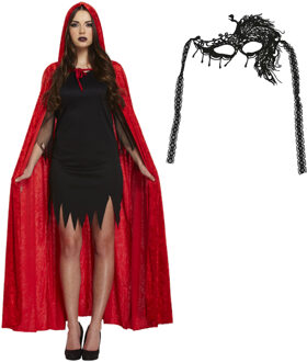 Halloween gemaskerd bal verkleedset - Oogmasker zwart - Lange cape met capuchon rood - volwassenen One size