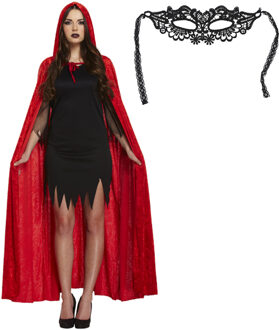 Halloween gemaskerd bal verkleedset - Oogmasker zwart - Lange cape met capuchon rood - volwassenen One size