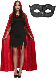 Halloween gemaskerd bal verkleedset - Oogmasker zwart - Lange cape met capuchon rood - volwassenen One size