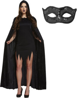 Halloween gemaskerd bal verkleedset - Oogmasker zwart - Lange cape met capuchon zwart - volwassenen One size